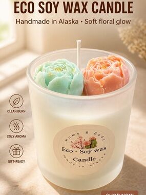 Eco Soy Wax Candle | Floral Embed Design, Frosted Glass Jar 17 oz